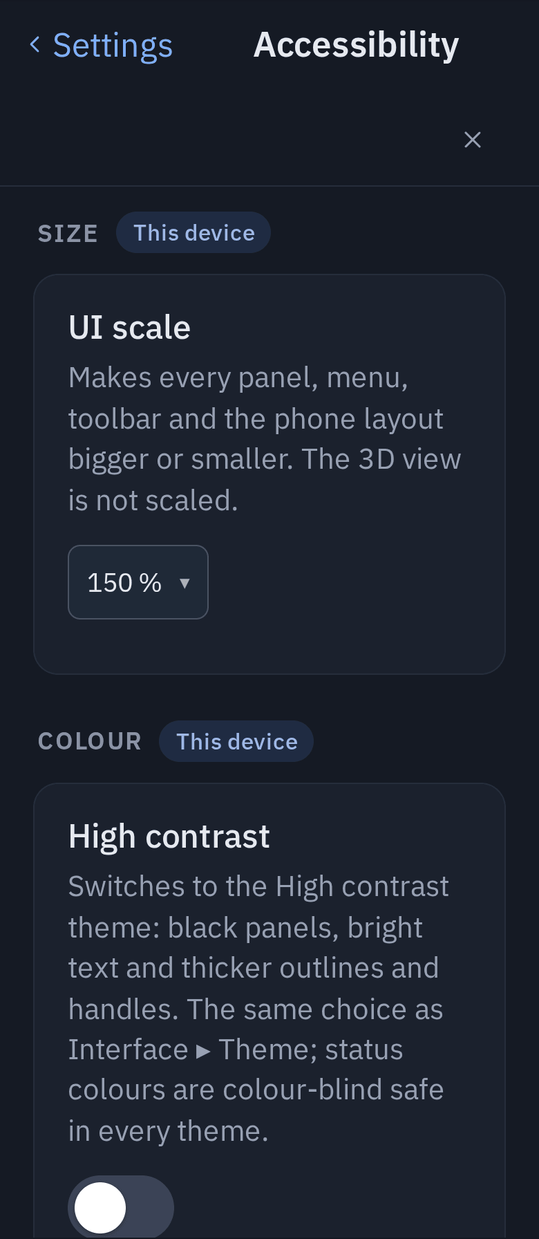 The Accessibility page at 150 % on a folded phone: bigger type and controls, nothing off the screen