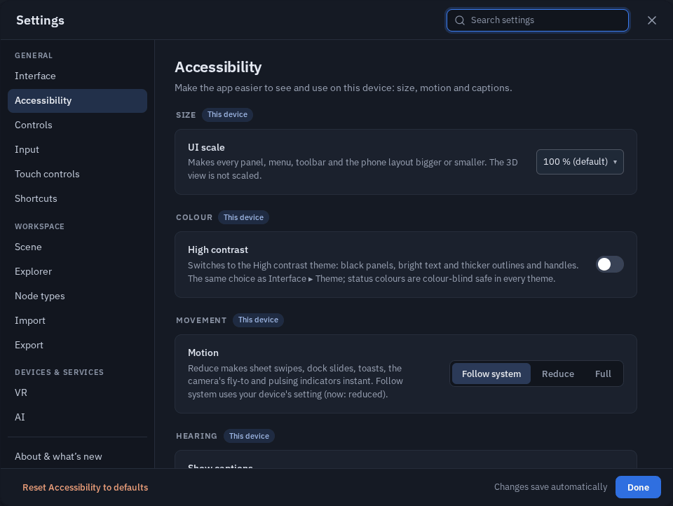 Settings ▸ Accessibility on a computer: UI scale, High contrast, Motion and Show captions, each a row of its own