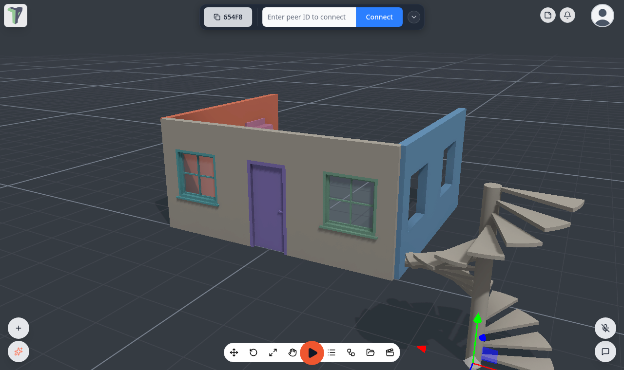 A wall with a door and two windows, two side walls and a spiral stair