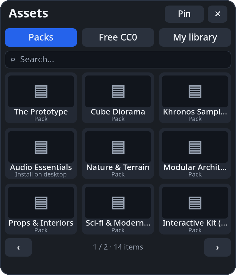 The Asset Browser panel: Packs, Free CC0 and My library tabs, a search box and the packs