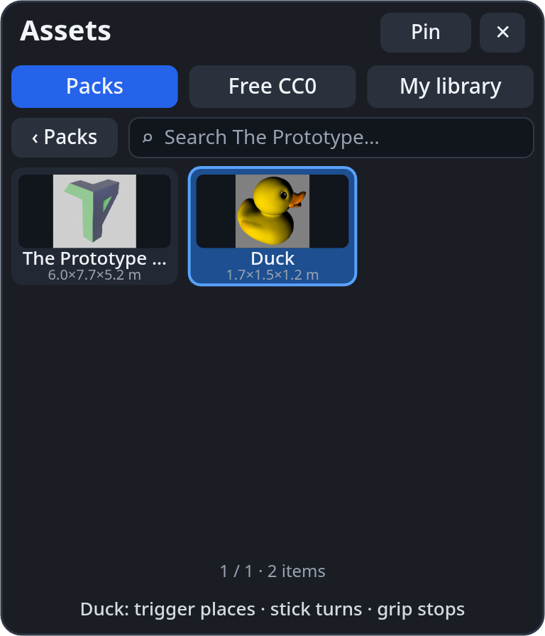 Placing: "Duck: trigger places · stick turns · grip stops"