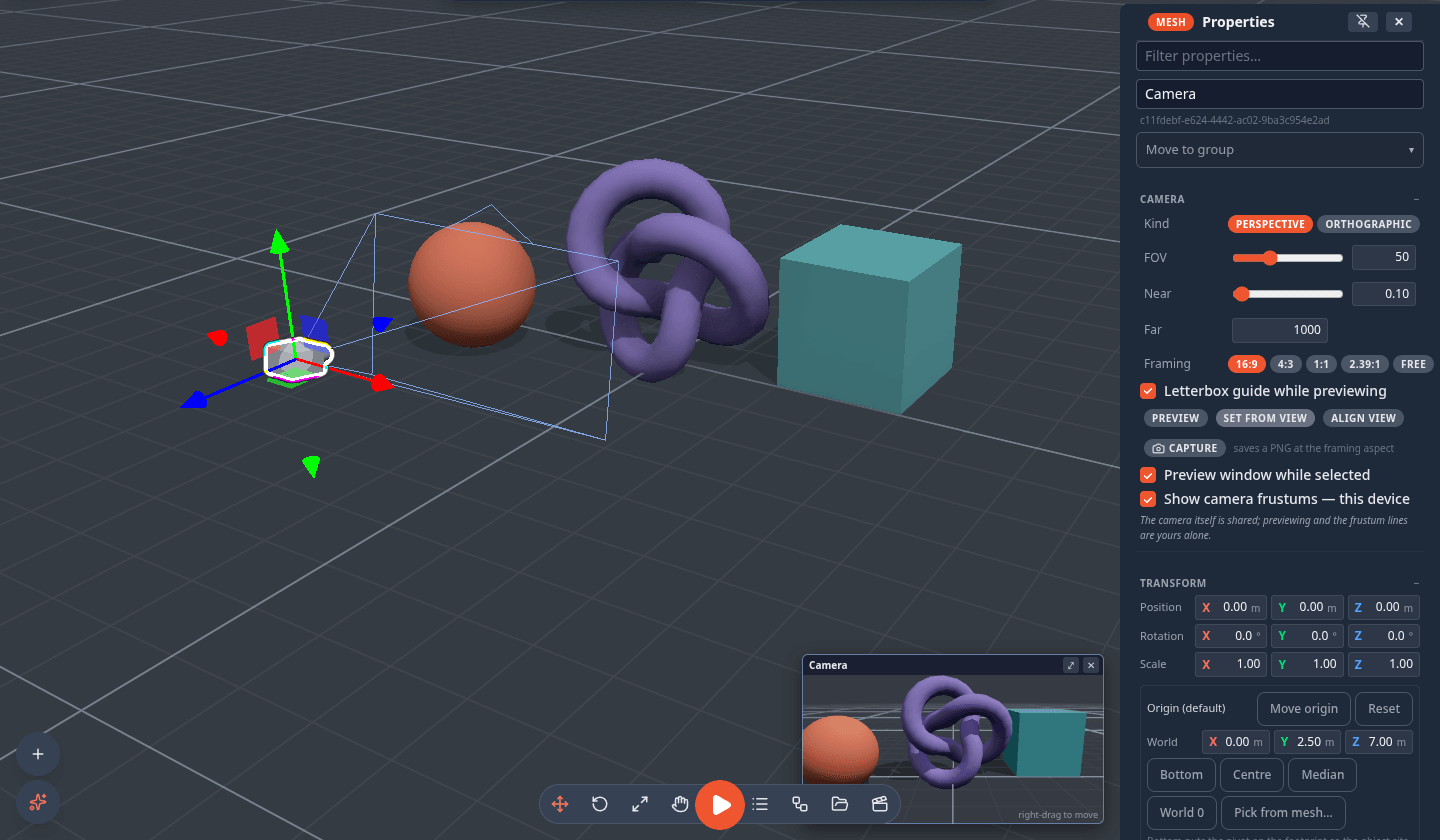 The Camera section of a camera object's properties, with its picture-in-picture preview