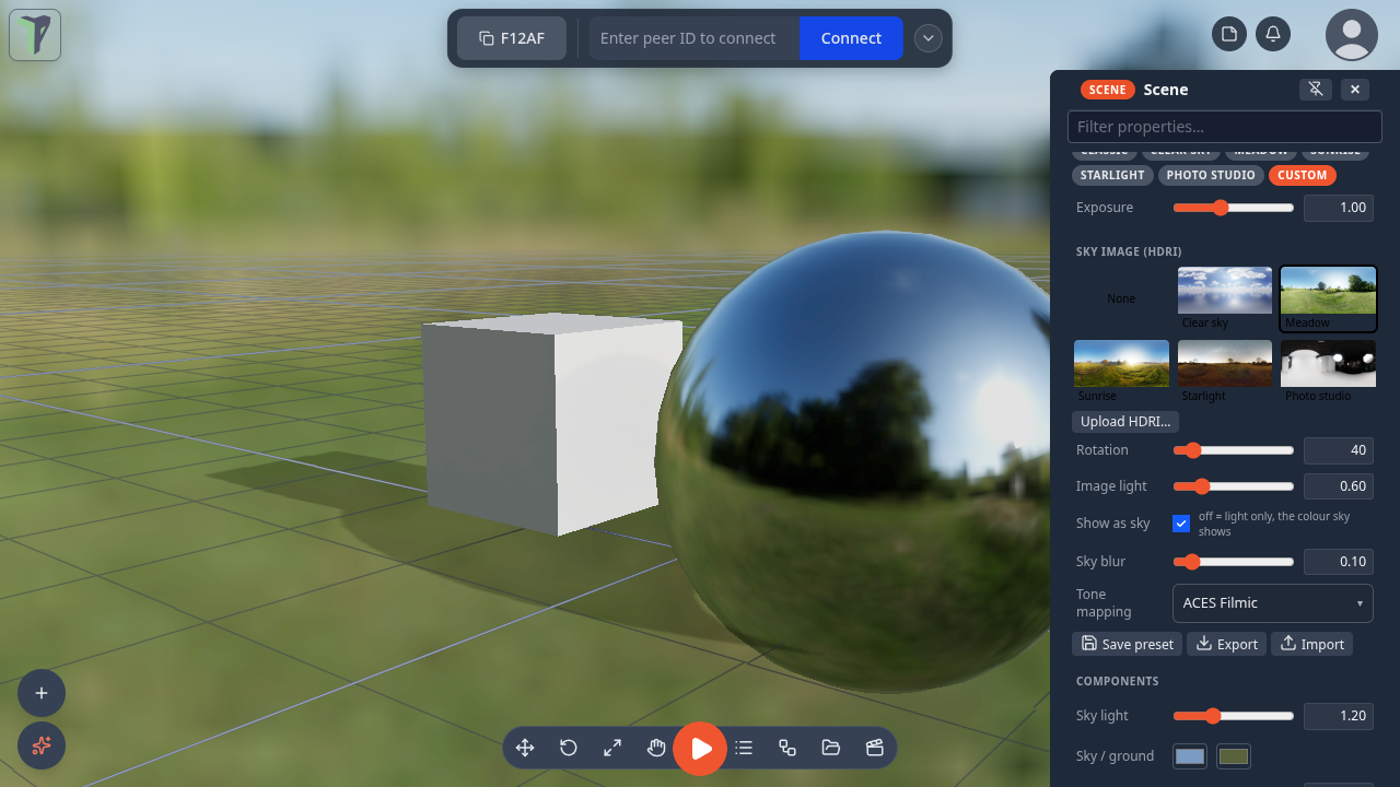 Configure Scene ▸ Environment with the Sky image section: the sky cards, Upload HDRI…, Rotation, Image light, Show as sky, Sky blur and Tone mapping