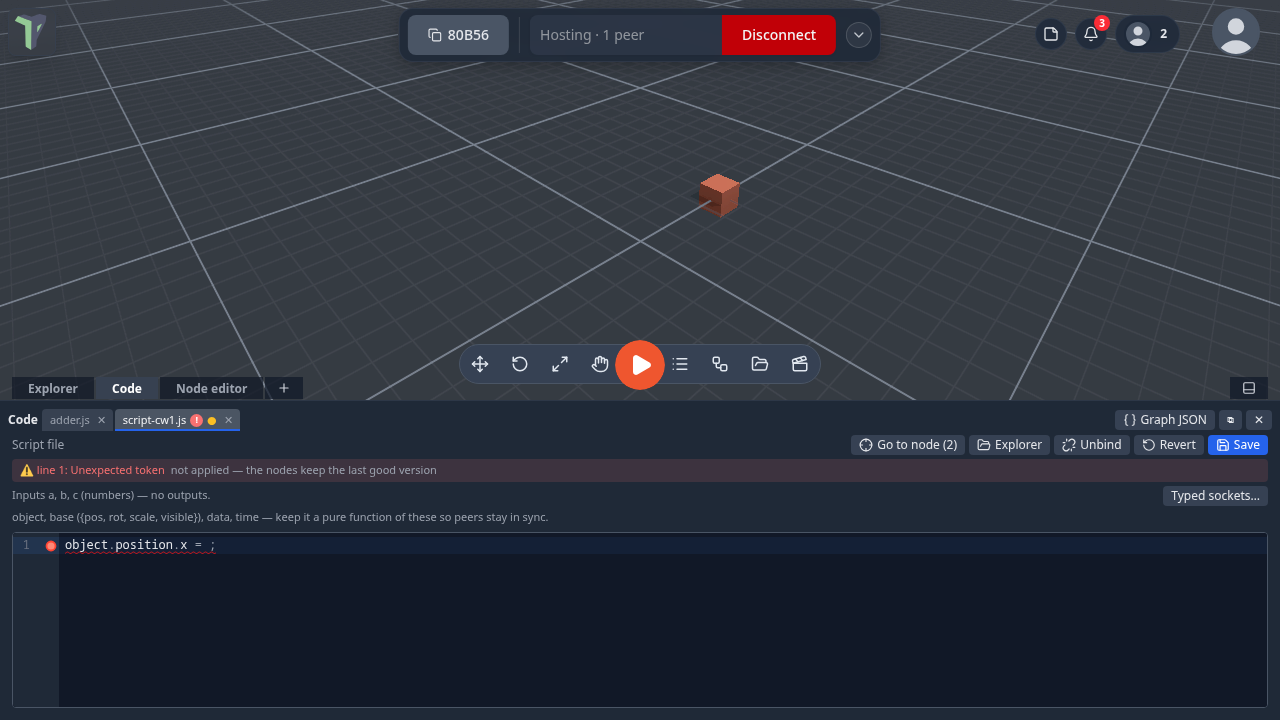A save refused: the banner names the line, and the nodes keep the last good version