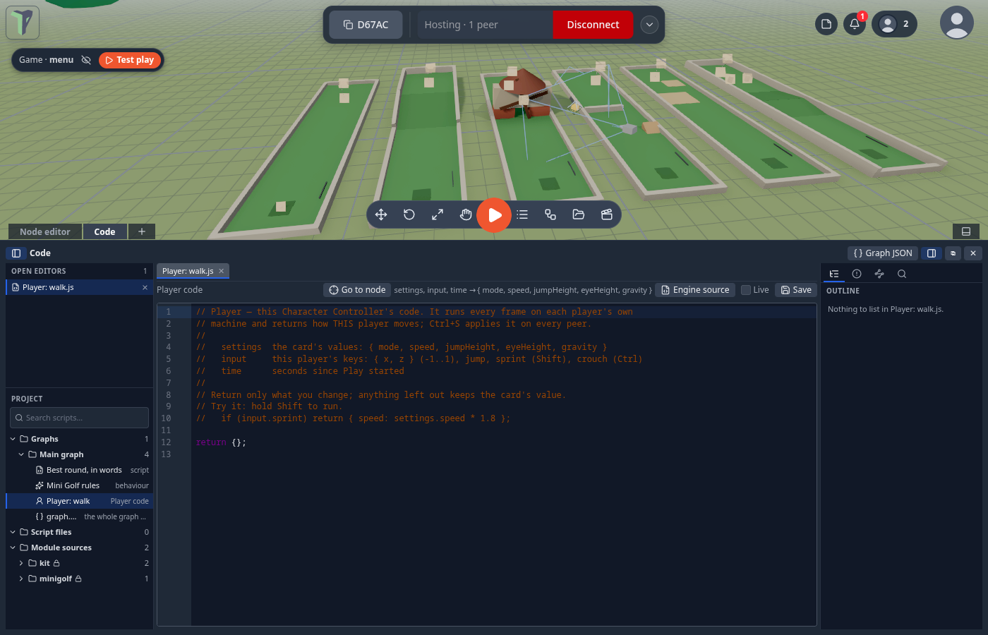 Player: walk open in the code workspace, with Engine source in the toolbar and the Player code row in the Project tree