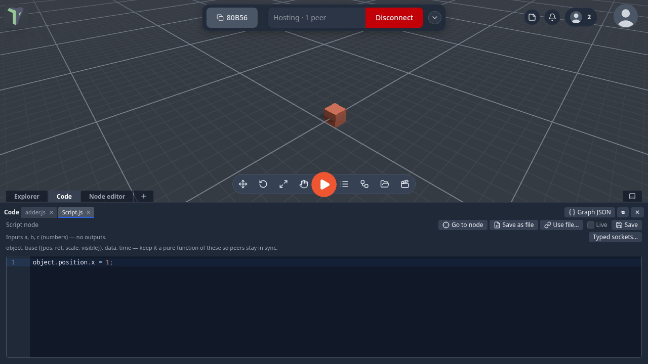 The code workspace docked beside the Explorer and the Node editor, with a Script node's code open