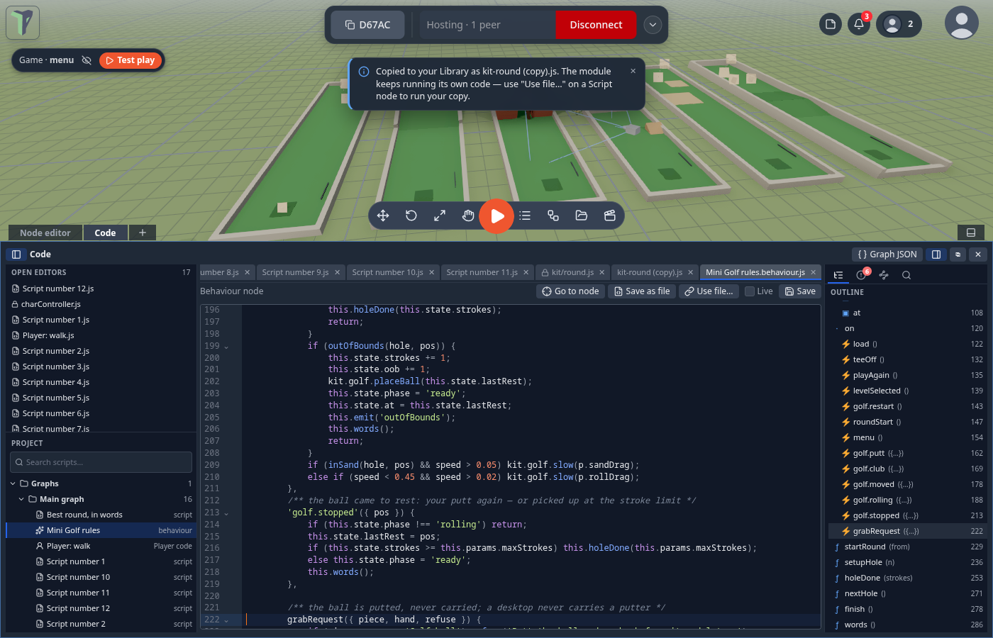 The code workspace in 1.25: Open editors and the Project tree on the left, the tab strip, and the Outline on the right
