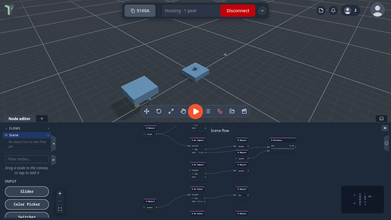 On Impact and On Enter nodes with only with wired to Object Selectors, and other wired into Distance