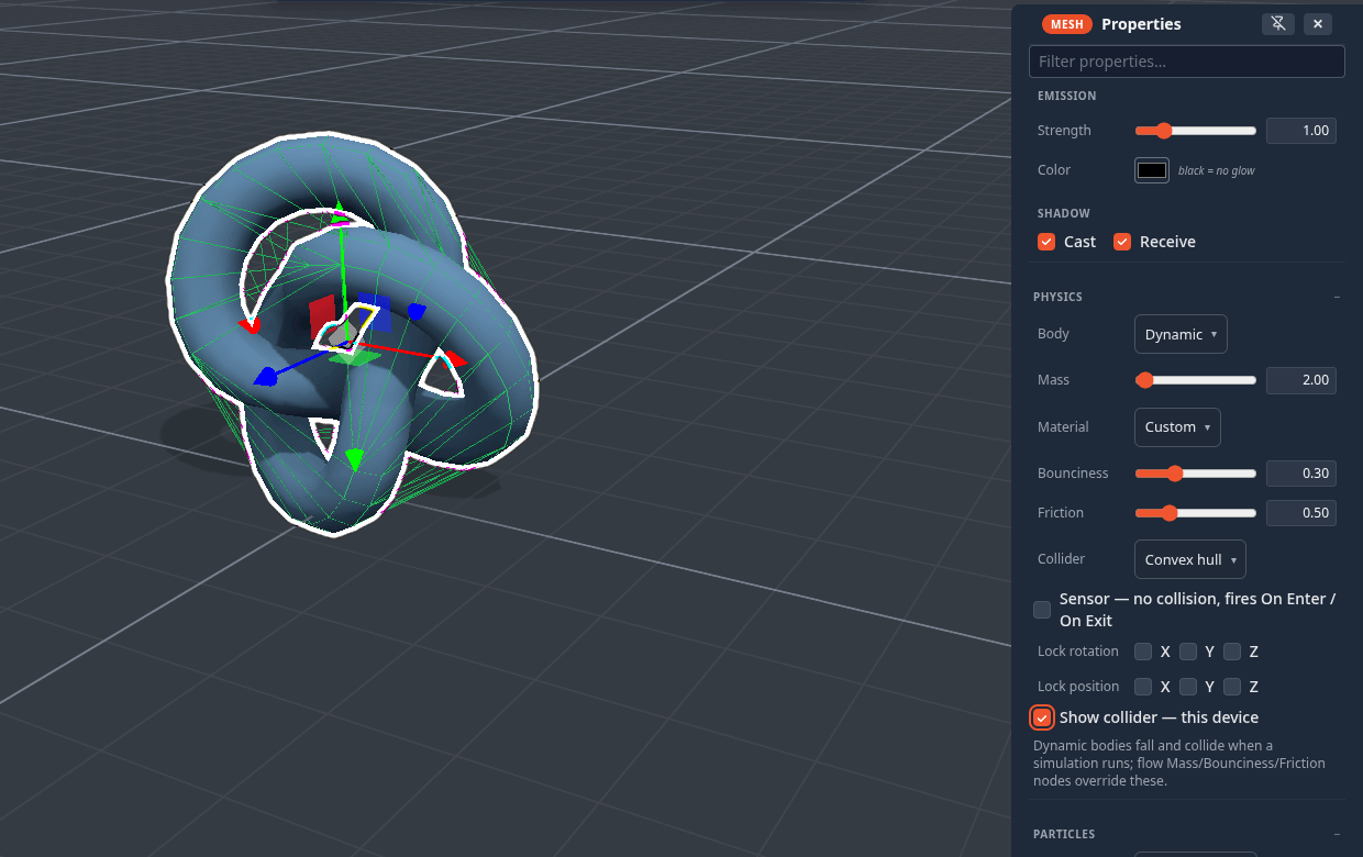 The Physics section of an object's properties, with Show collider on and the green collider wireframe in the viewport