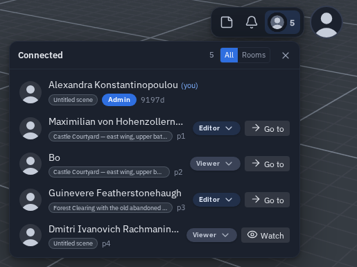 The Connected panel on a computer: five people, one row each — avatar, name, the scene they are in and their p-number underneath, and Editor or Viewer with Go to or Watch on the right