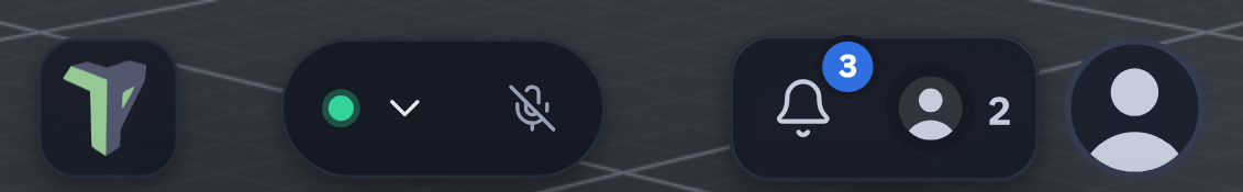 The phone's top bar when it is crowded: the logo, the connection chip with a green dot, ▾ and the microphone, then the bell and the peers