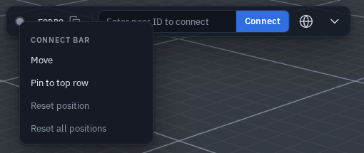 The floating Connect bar right-clicked outside Edit positions: its menu reads Move, Pin to top row, Reset position and Reset all positions (the last two greyed while the bar is in its default place)