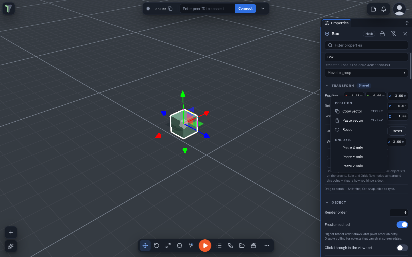 Properties of a Box with Position right-clicked: Copy vector (Ctrl+C), Paste vector (Ctrl+V), Reset, and under One axis Paste X only, Paste Y only, Paste Z only