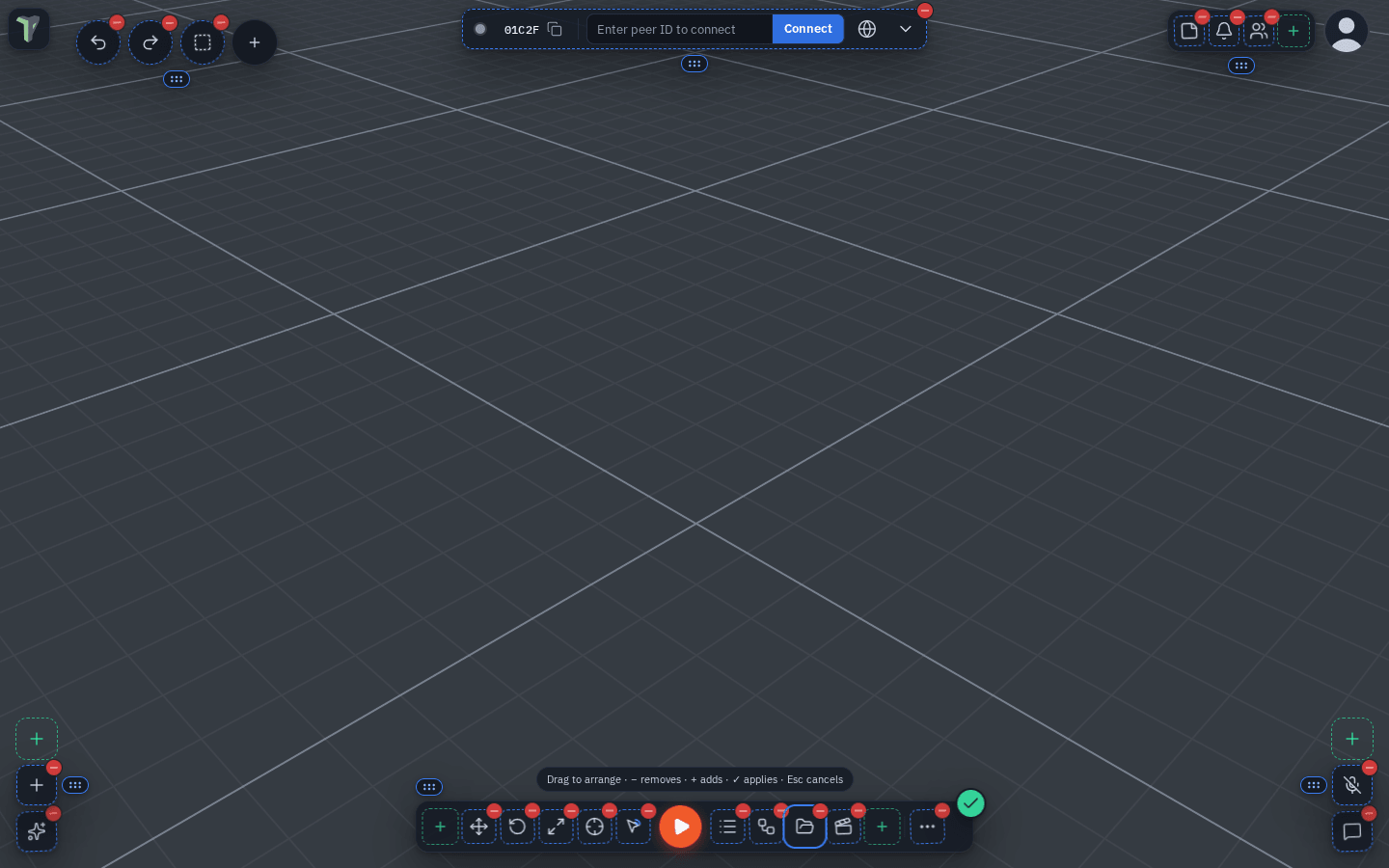 Edit positions with Touch tools on: every cluster has a small grip under it — the Undo, Redo and Multi-select row beside the logo, the Connect bar, the top-right group, the bottom toolbar and both corner stacks — and every button still carries its red − with green + slots