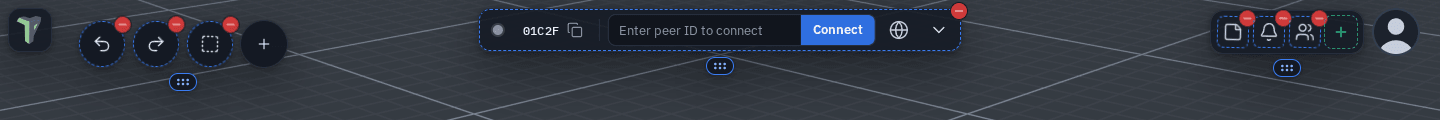 The top of the screen in Edit positions with a mouse: Undo, Redo and Multi-select beside the logo carry a red − with a + for the next place, the Connect bar has its own red −, the top-right group shows a + for its next place, and each of the three clusters has its grip underneath