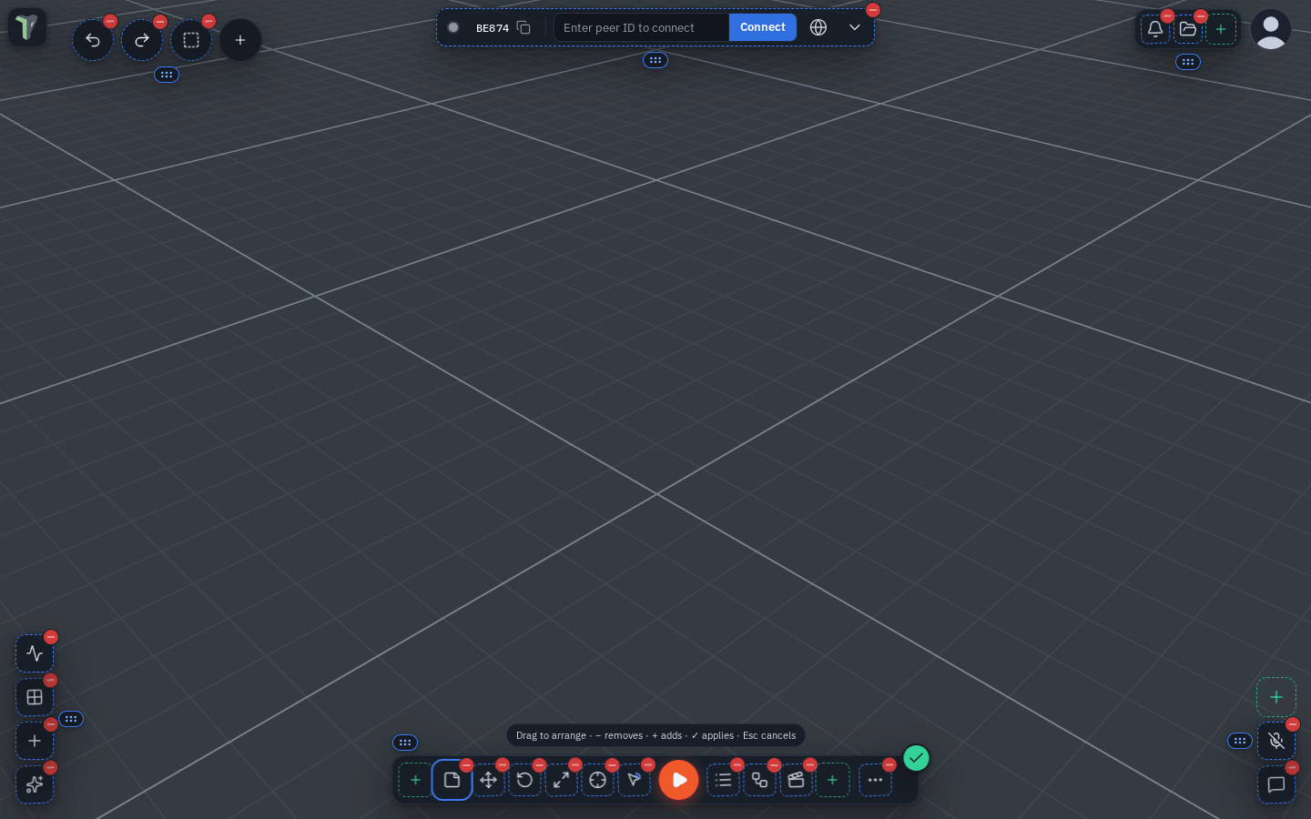 Edit positions reaching the top right: the notifications and Explorer buttons in the top-right group carry a red − with a green + for its next place, the left corner holds four buttons and no +, the right corner shows one +, and every cluster has its grip