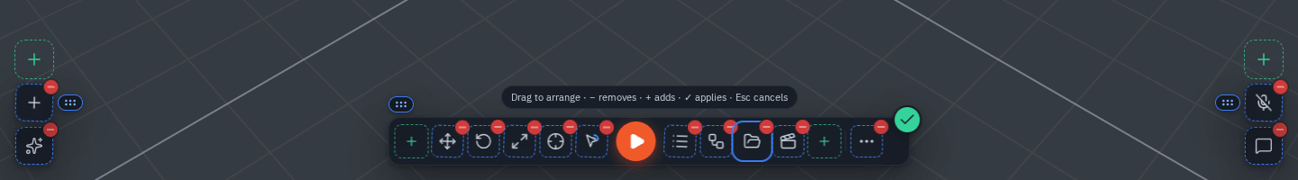 Edit positions on a computer: every button has a red −, green + slots sit at the ends of the bar and on top of each corner stack, a grip sits beside the bar and each corner stack, and the green ✓ applies