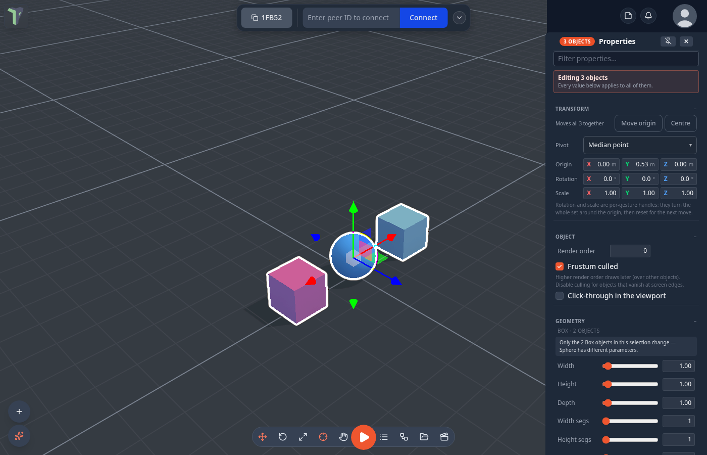Properties with three objects selected: Editing 3 objects, the Pivot row, and a Geometry section that reaches only the two boxes