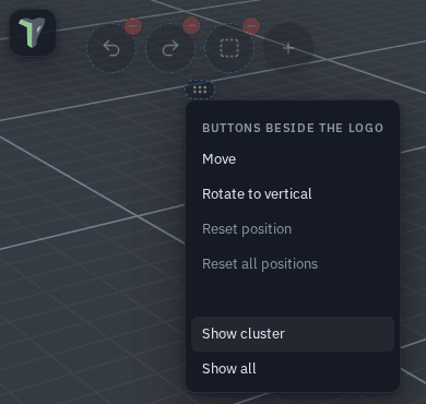 Edit positions with a mouse: the buttons beside the logo are drawn faint (hidden by default on a computer) and their grip menu is open — Move, Rotate to vertical, Reset position, Reset all positions, Show cluster and Show all