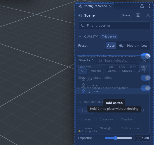The floating Objects window dragged over the right sidebar: it turns see-through, the sidebar column is outlined and the target reads Add as tab, with Hold Ctrl to place without docking underneath