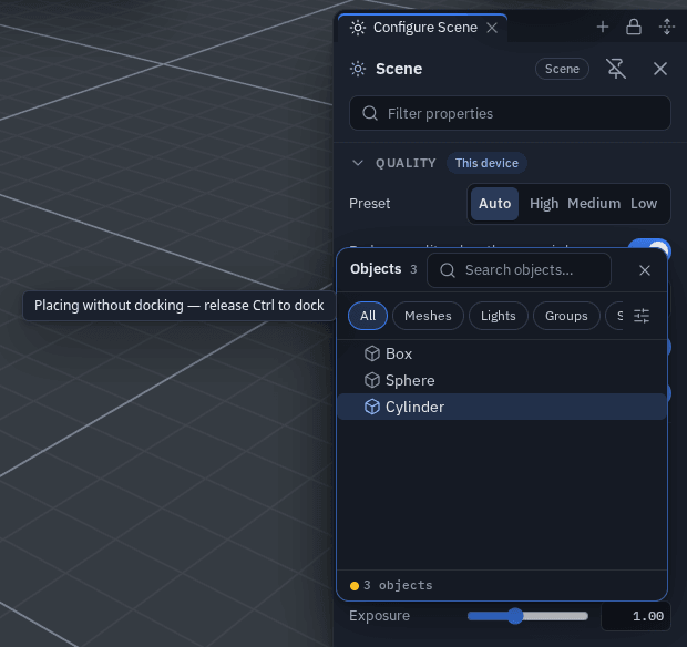 The same drag with Ctrl held: the outline and the target are gone, the Objects window lies over the sidebar as it will be dropped, and a label beside the pointer reads Placing without docking — release Ctrl to dock