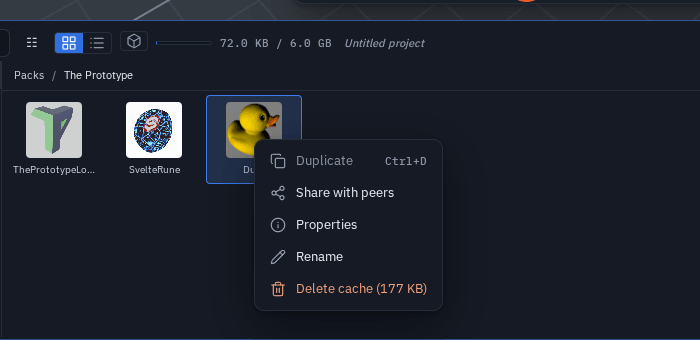 A pack item's menu: Delete cache with its size