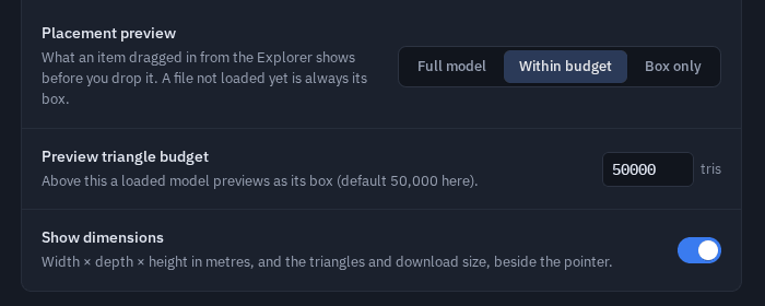 Settings ▸ Scene ▸ Performance ▸ Placement preview