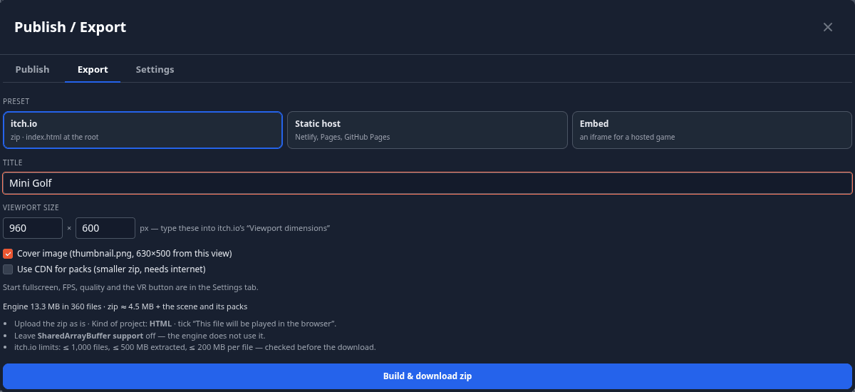 The Export tab with the itch.io preset selected