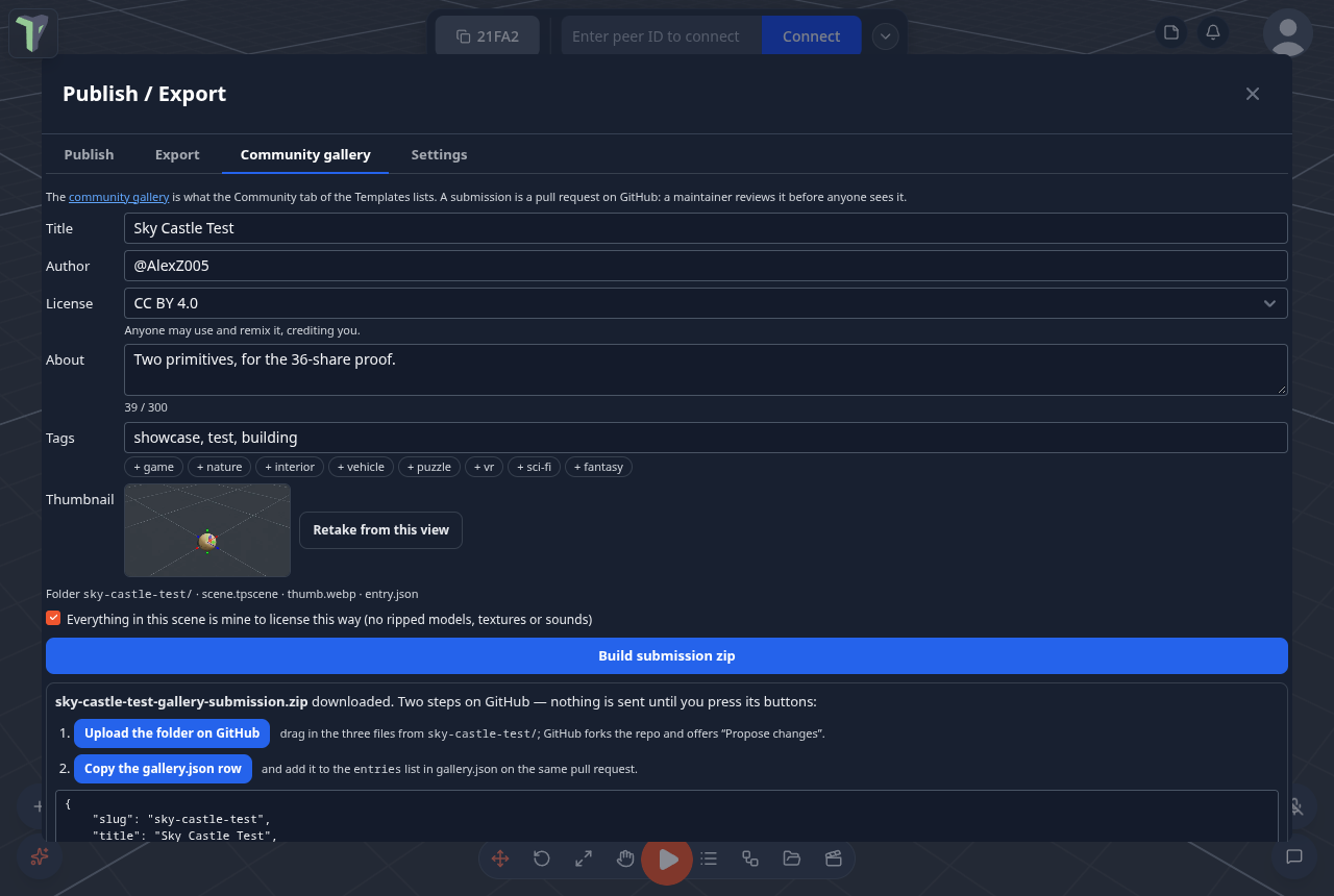 The Community gallery tab after Build submission zip: the two GitHub steps