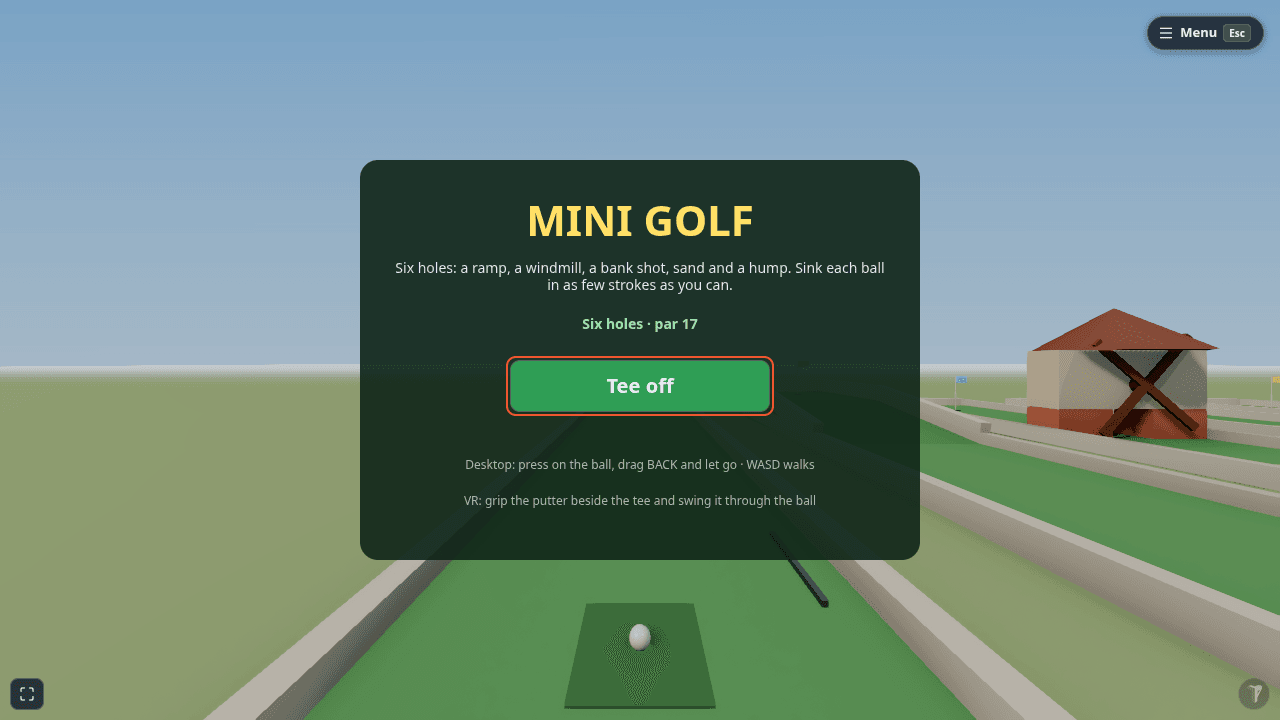 Mini Golf exported for itch.io, playing in the itch.io frame: the game's own HUD, the fullscreen button bottom-left and the badge bottom-right