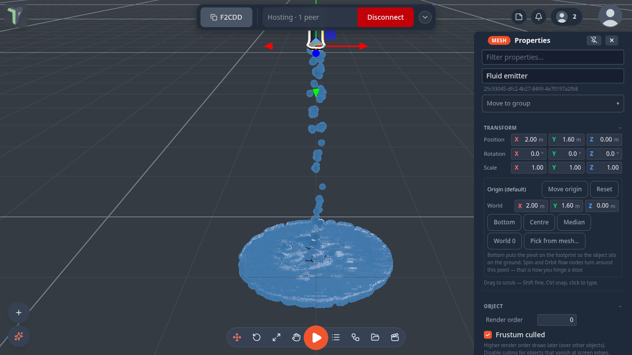 A Fluid emitter pouring a stream into a puddle, with its properties open