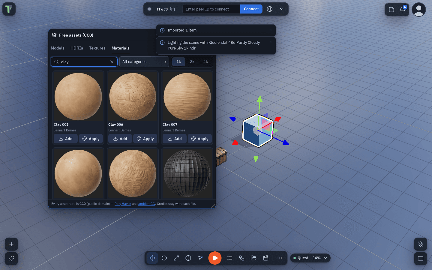 The Asset Browser's Materials tab searching ambientCG for clay
