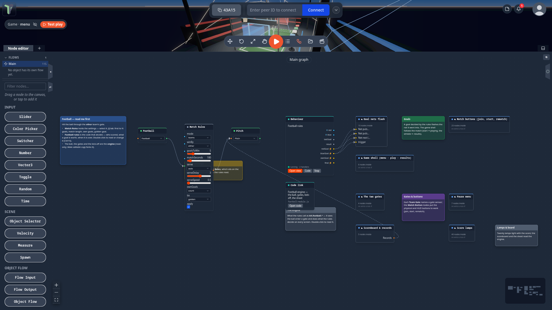 Football's Main graph: the Match Rules settings node, the Football rules behaviour, and the groups for the nets, buttons and lamps