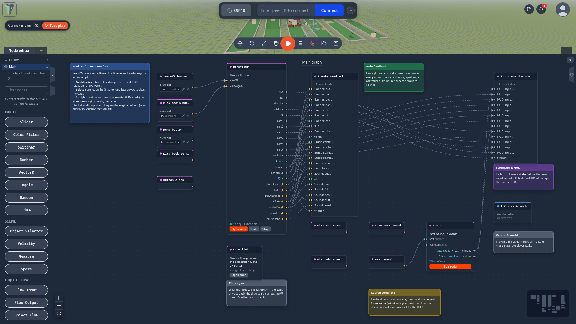 Mini Golf's Main graph: the read-me note, the buttons, the Mini Golf rules node with its state and moments, the groups around it and the engine's Code link