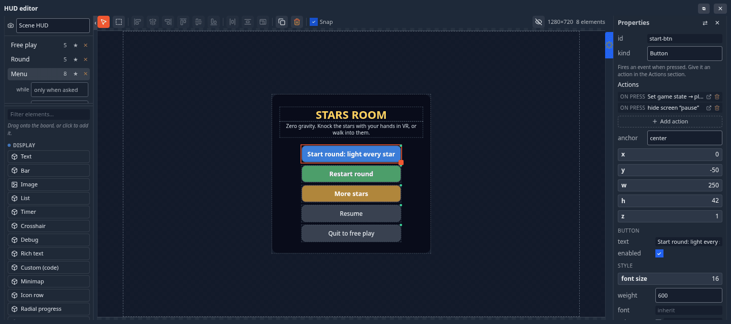 The HUD editor on the Stars Room's menu screen: screens and palette on the left, the stage in the middle, the selected button's properties and actions on the right