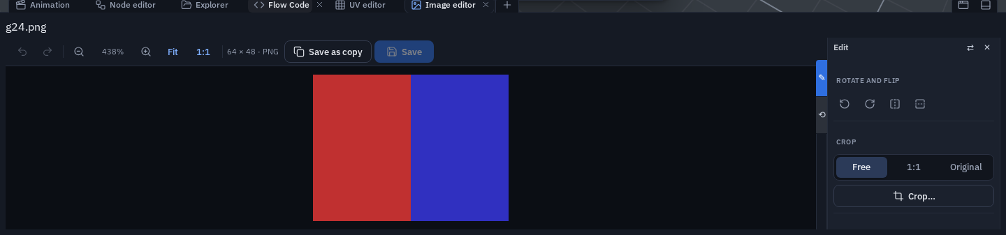 The Image editor as a tab in the bottom dock, beside Animation, Node editor, Explorer, Flow Code and UV editor