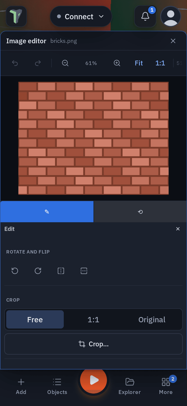 The Image editor on a phone: the picture at the top, the Edit page under it, the bottom bar with Play below