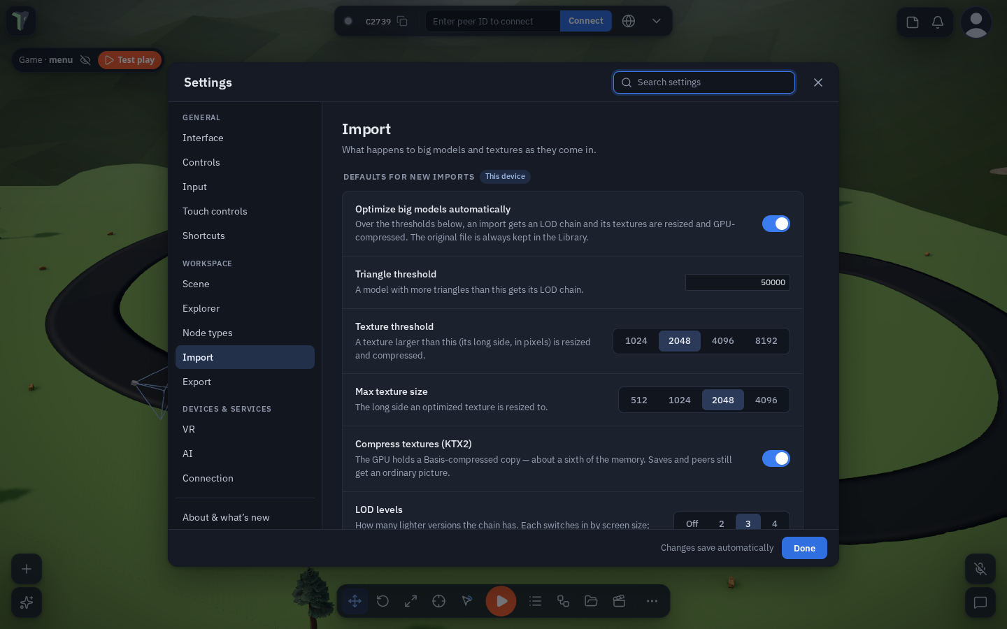 Settings ▸ Import: Optimize big models automatically, the triangle and texture thresholds, max texture size, Compress textures (KTX2) and LOD levels