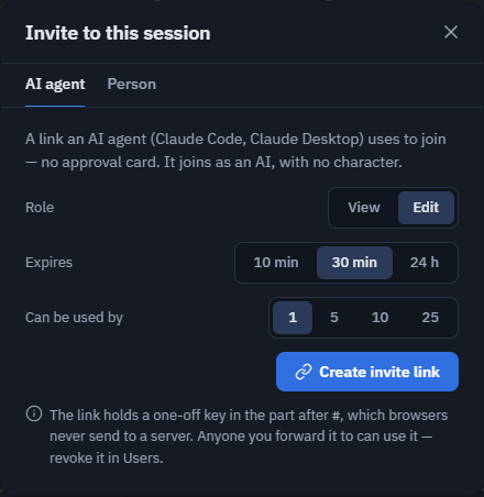 The invite sheet: AI agent and Person tabs, role, expiry and how many may use it