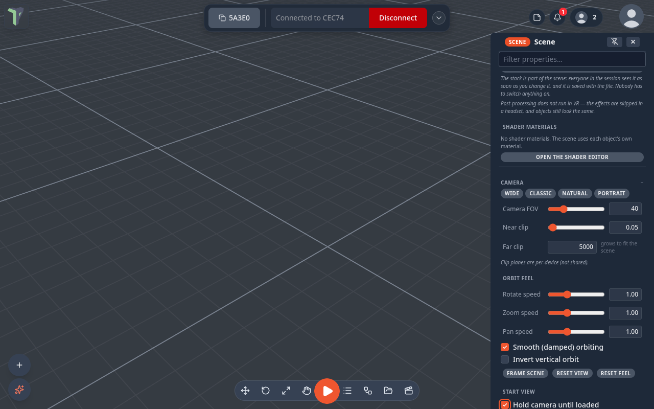 Configure Scene ▸ Camera with Hold camera until loaded ticked under Start view