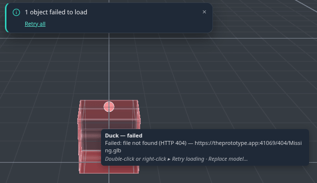 A failed placeholder: red, with its tooltip and the “Retry all” toast