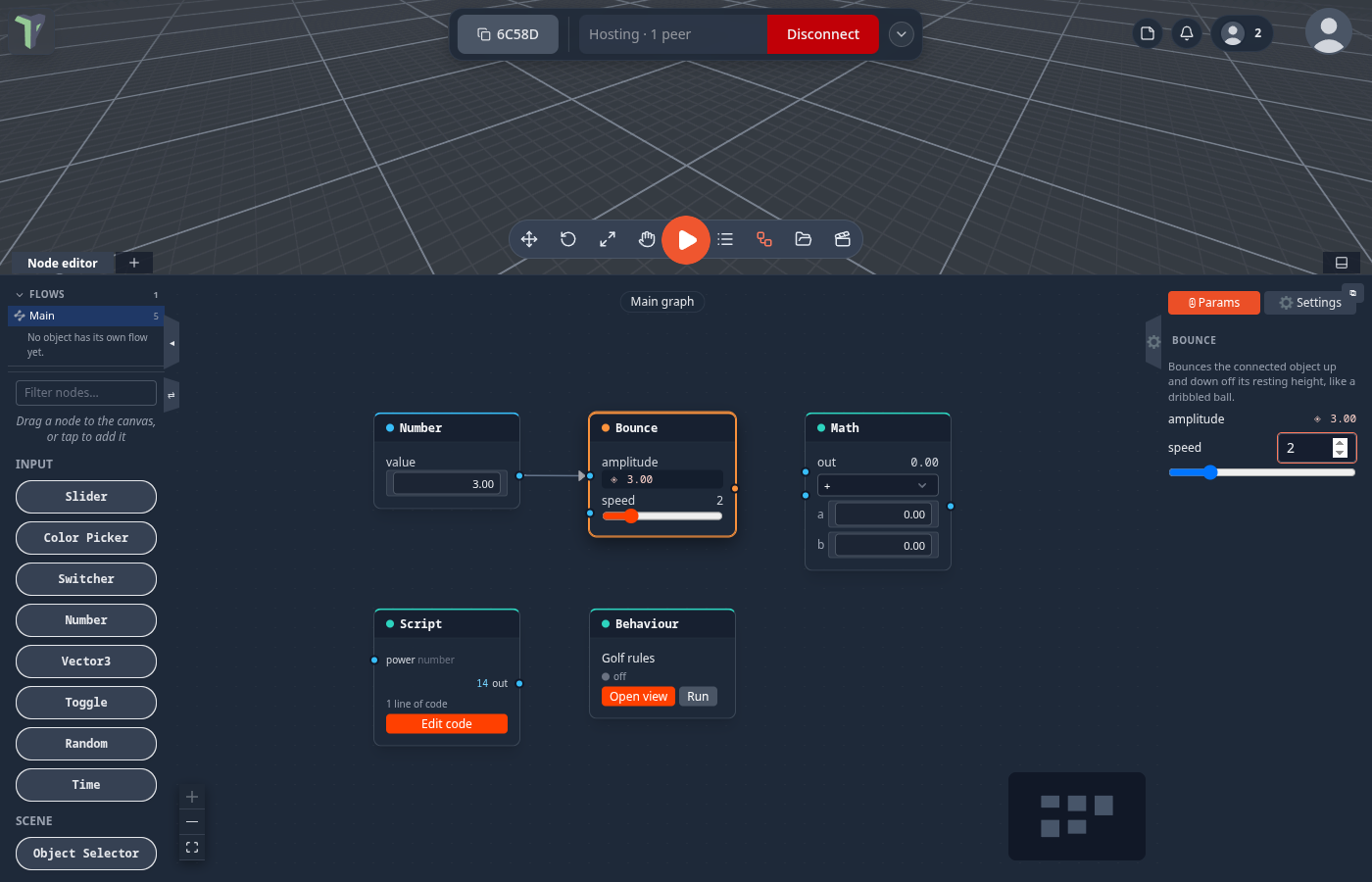 The Main graph: the ⓘ Params tab shows the selected Bounce node's properties