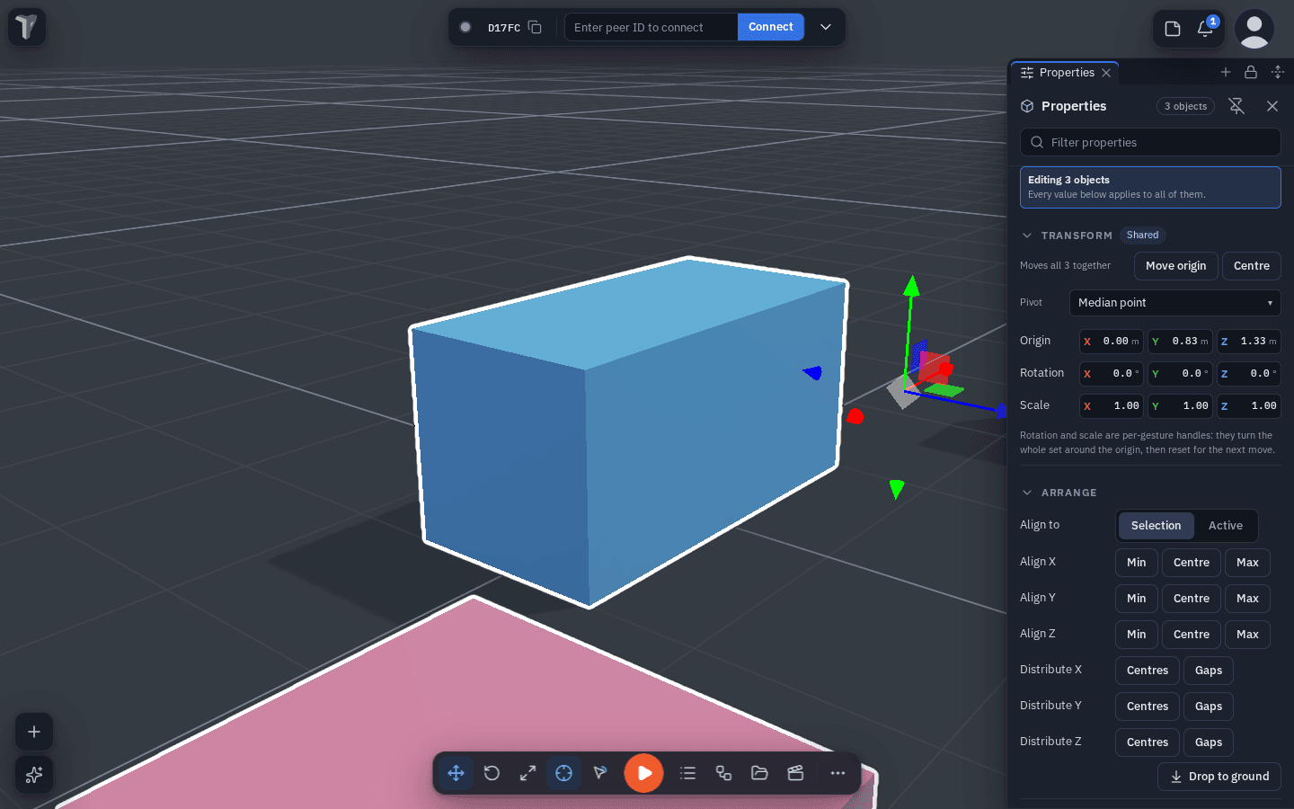 The Properties Arrange section for three selected objects