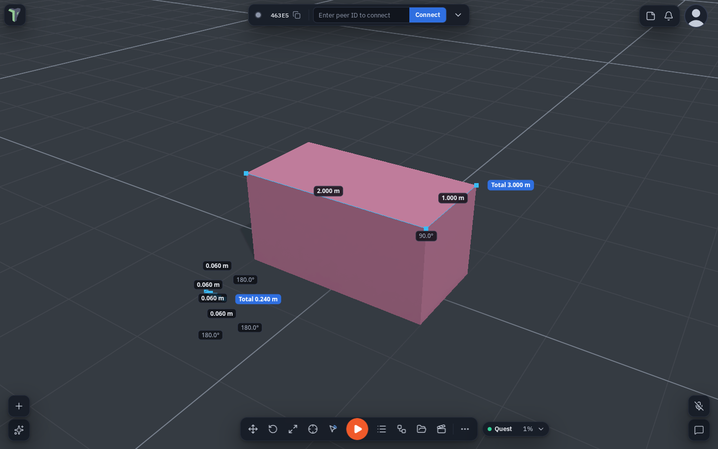 Two kept measurements: a 2 m + 1 m chain along a box with its 90° corner and a 3 m total, and a chain of short 6 cm segments whose labels step aside
