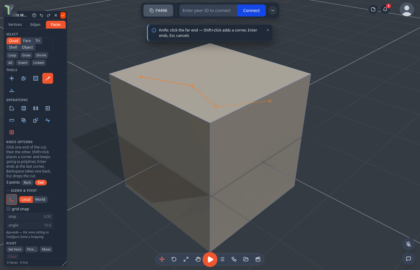 A polyline knife cut across the top of a cube: two corners placed, the dashed last leg following the cursor, and Knife options showing 3 points with Back and Cut
