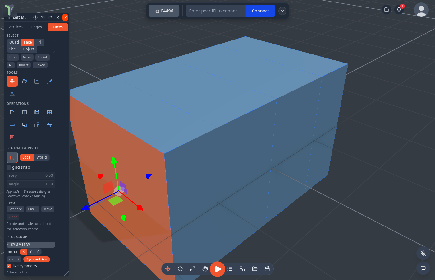 Live symmetry on across X: one face selected on the left with the gizmo on it, and the Symmetry section's mirror, keep, Symmetrize and live symmetry controls