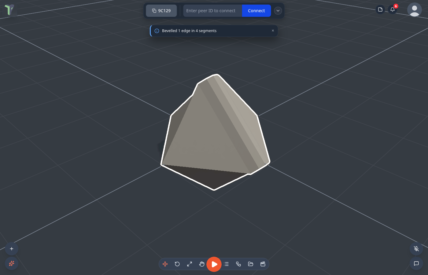 An octahedron edge bevelled in 4 segments, mitered where four faces meet