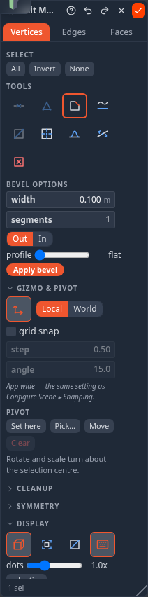 The Vertices tab with Bevel armed: width, segments, Out / In and profile