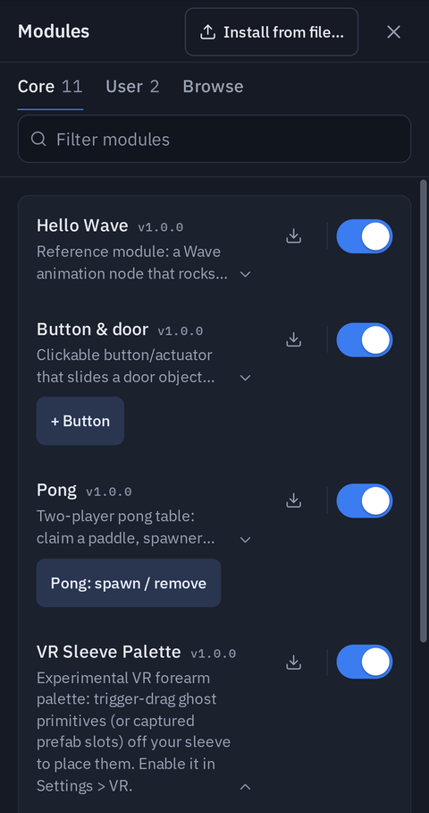 Modules ▸ Core on a folded phone: each module's download icon and switch on the right, + Button and Pong: spawn / remove under their descriptions, and VR Sleeve Palette's description tapped open in full