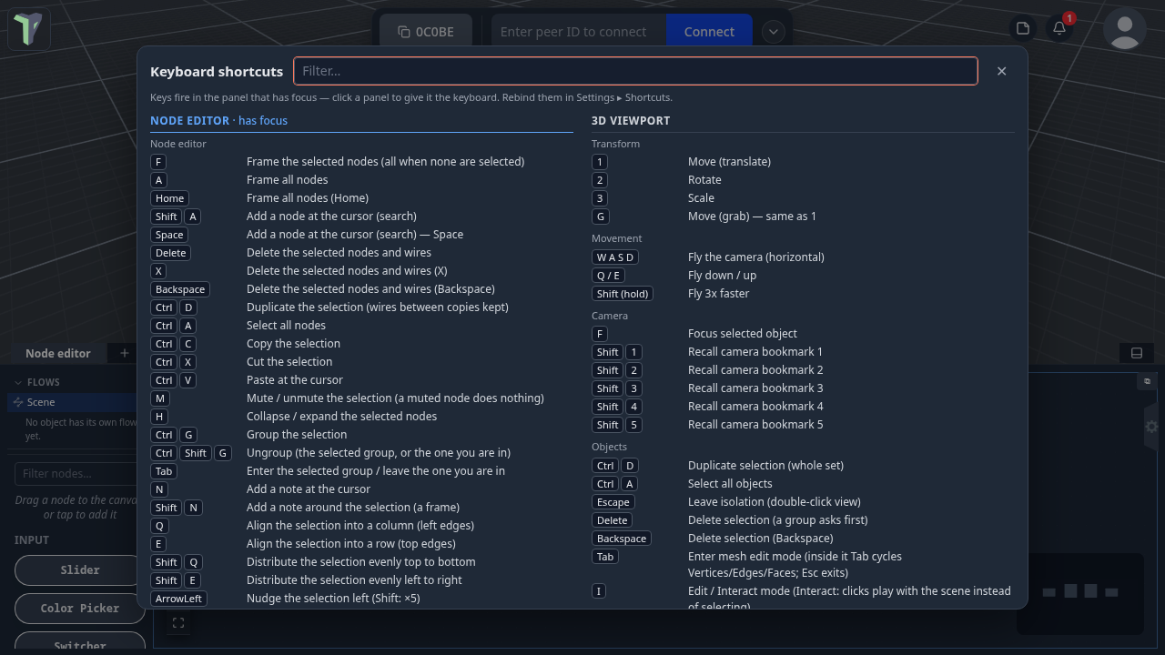 The cheat sheet: the node editor's keys first, because it has focus, then the 3D viewport's